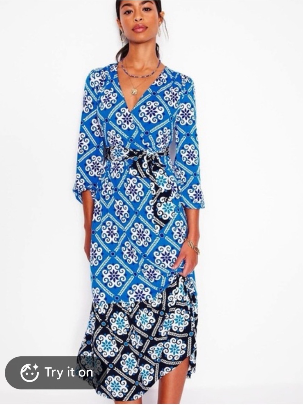 Boden Tie Wrap Midi Dress- Cerulean Blue, Baroque Tile